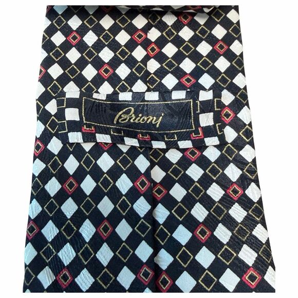 Brioni Silk Geometric Black Red White Mens Tie - Picture 3 of 3